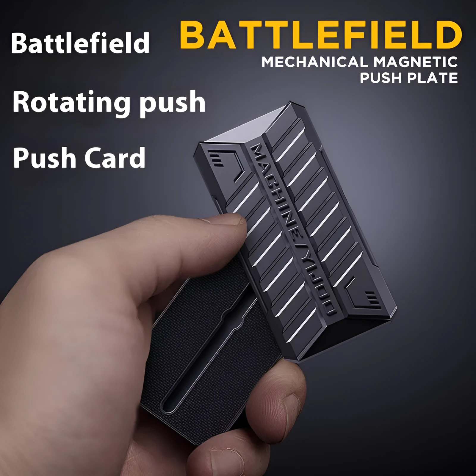 Semi-infinite push card metal decompression toy in Battlefield Gray with fingertip gyro on white background