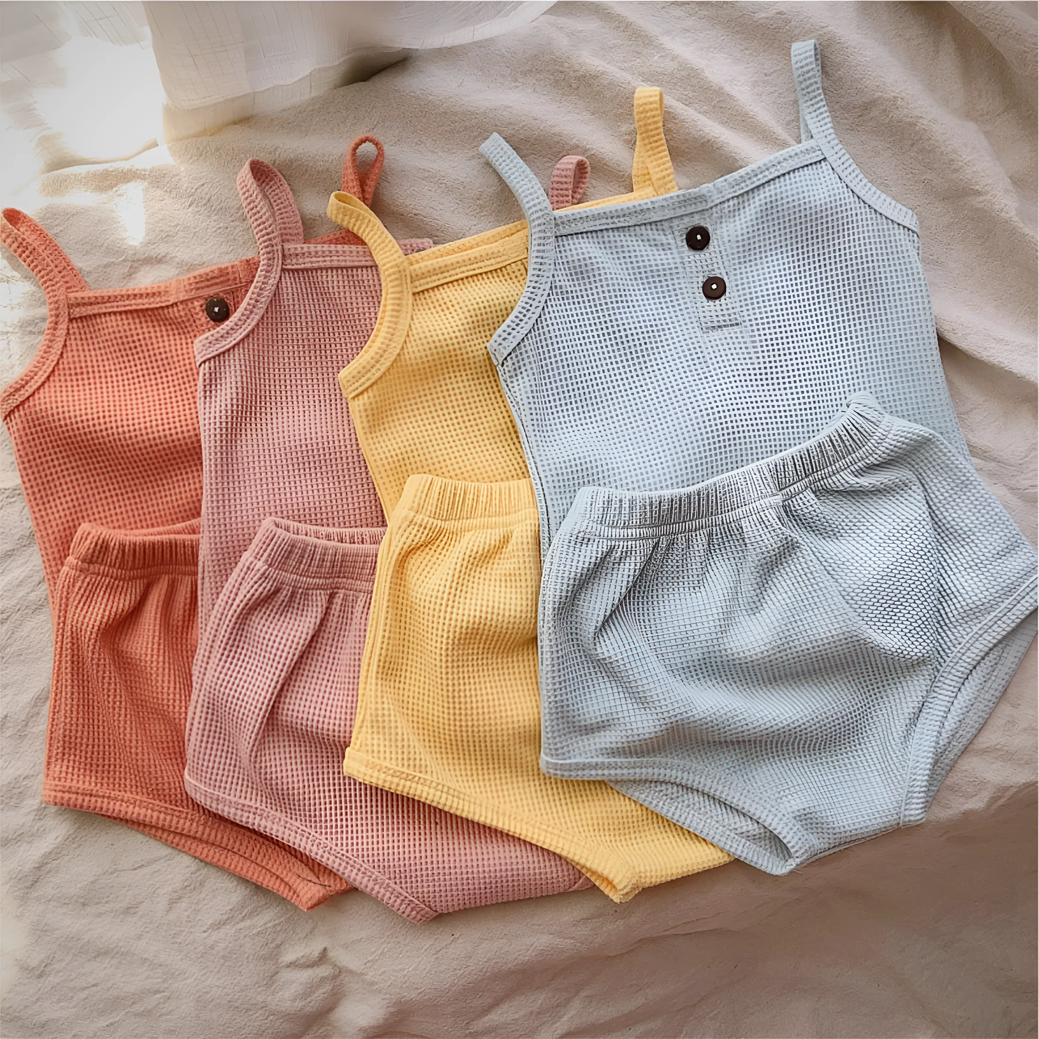 Summer baby camisole set with short sleeves and matching shorts in light yellow cotton fabric