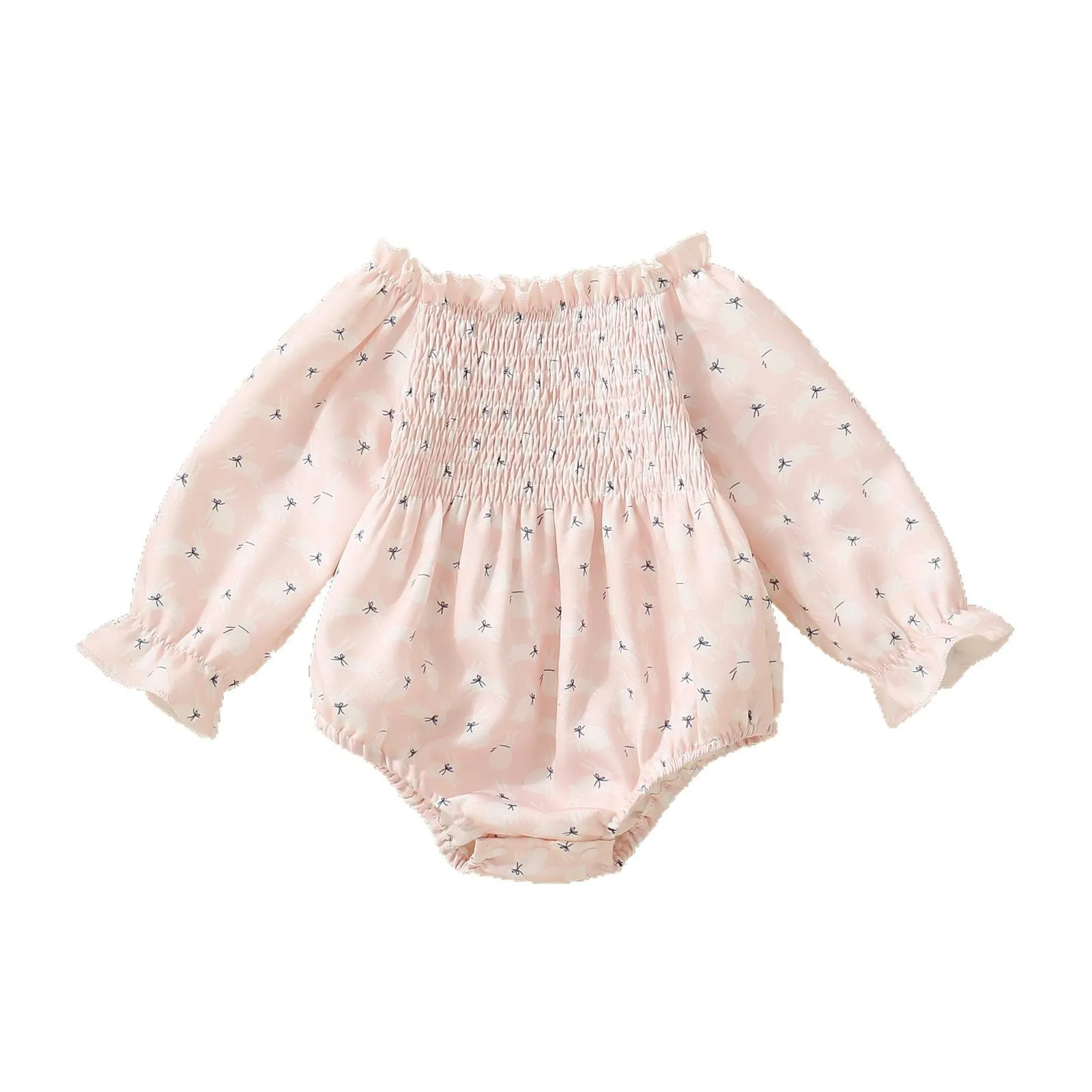 Pink infant cotton long sleeve romper with smocking and print on front for newborn baby girl