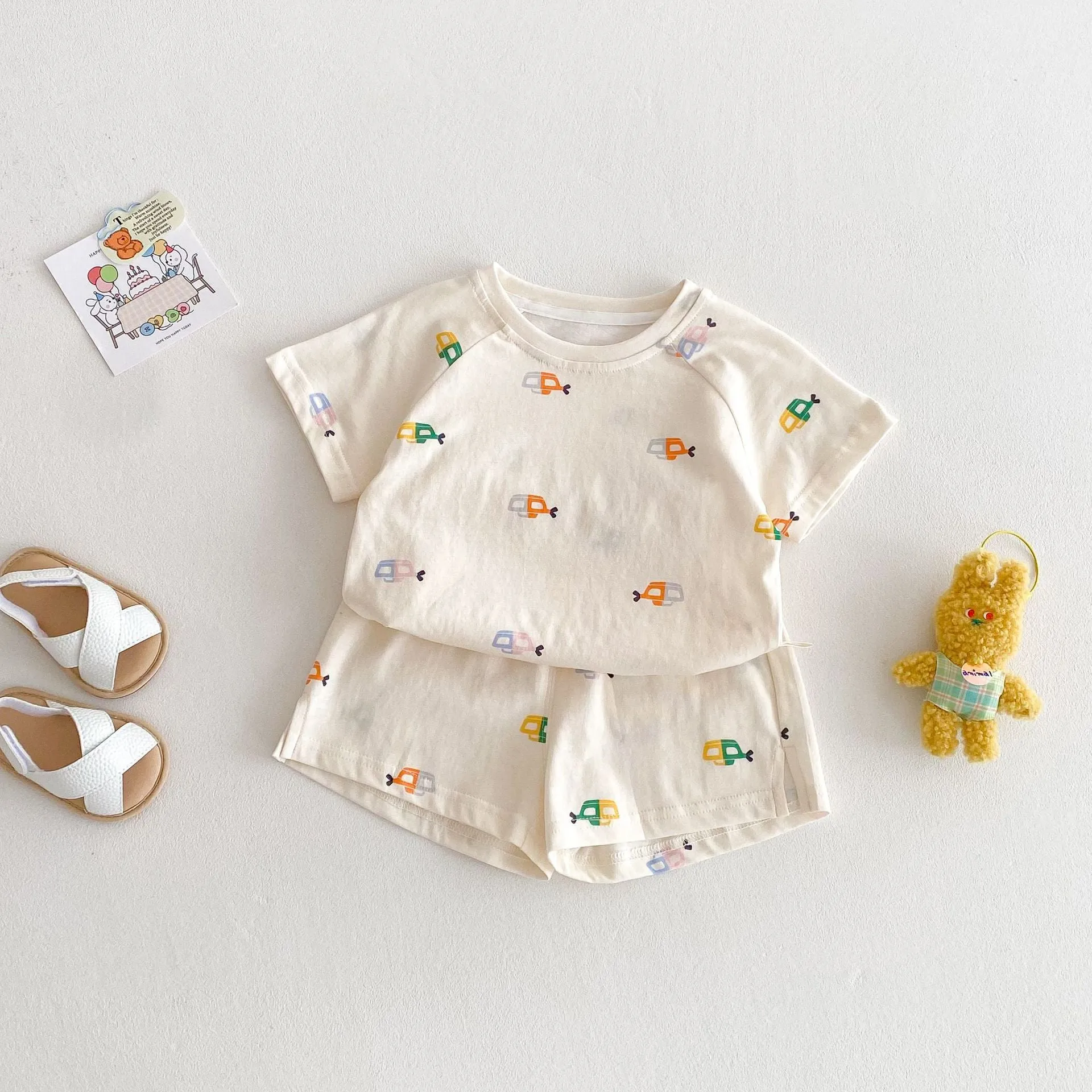 Baby summer cotton two-piece set with cartoon T-shirt and shorts in submarine print