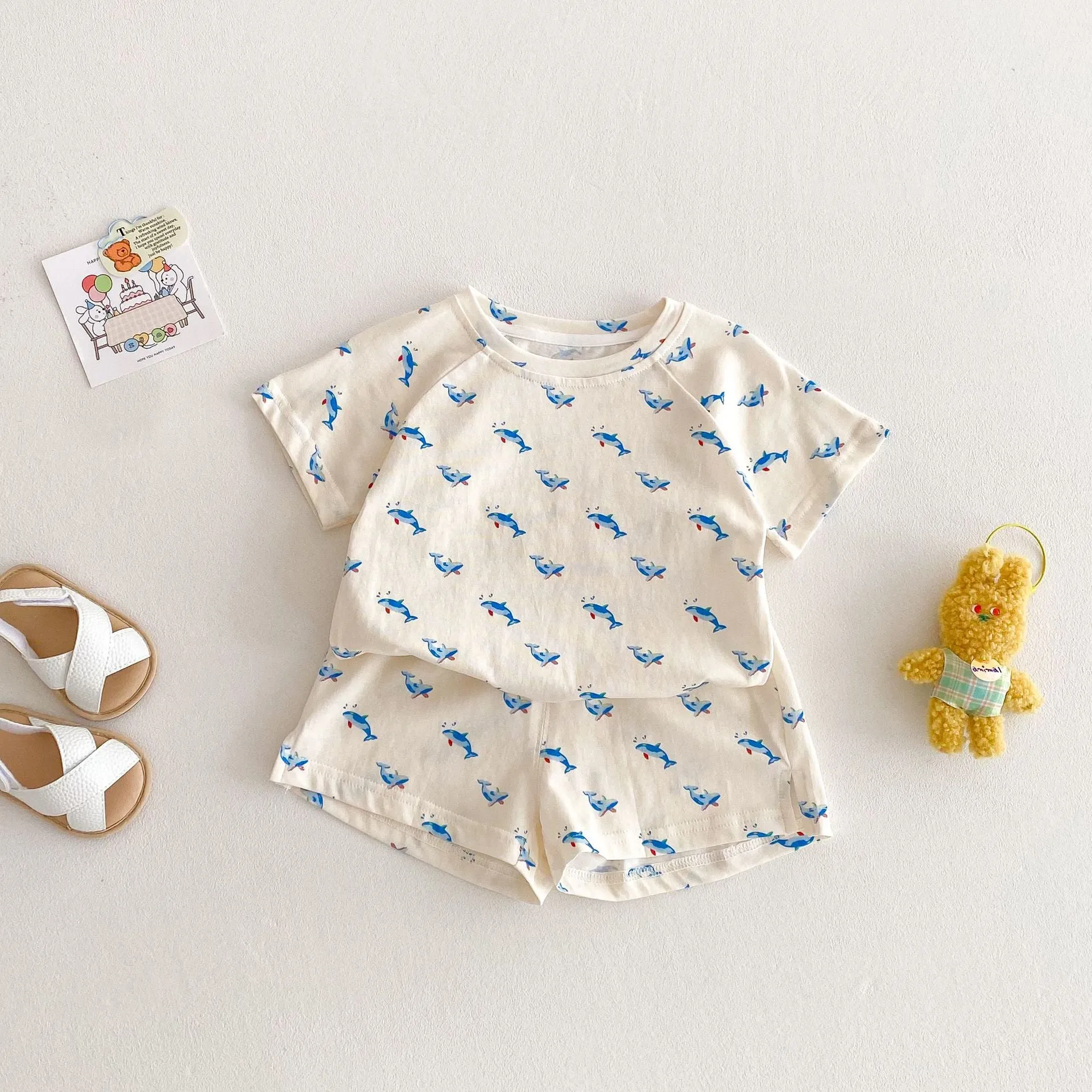 Baby summer cotton two-piece set with cartoon T-shirt and shorts in submarine print