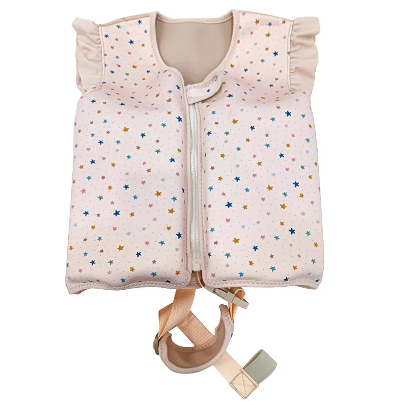 Children's foam swim vest in buoyancy vest pink strawberry colour, flower print pattern, nylon construction for swimming auxiliary