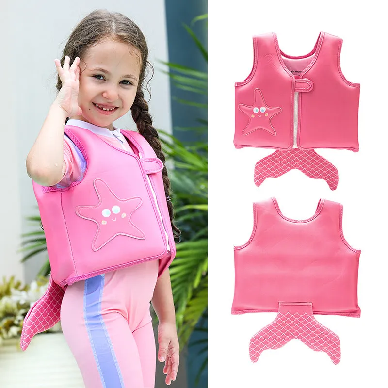 Children's foam swim vest in buoyancy vest pink strawberry colour, flower print pattern, nylon construction for swimming auxiliary