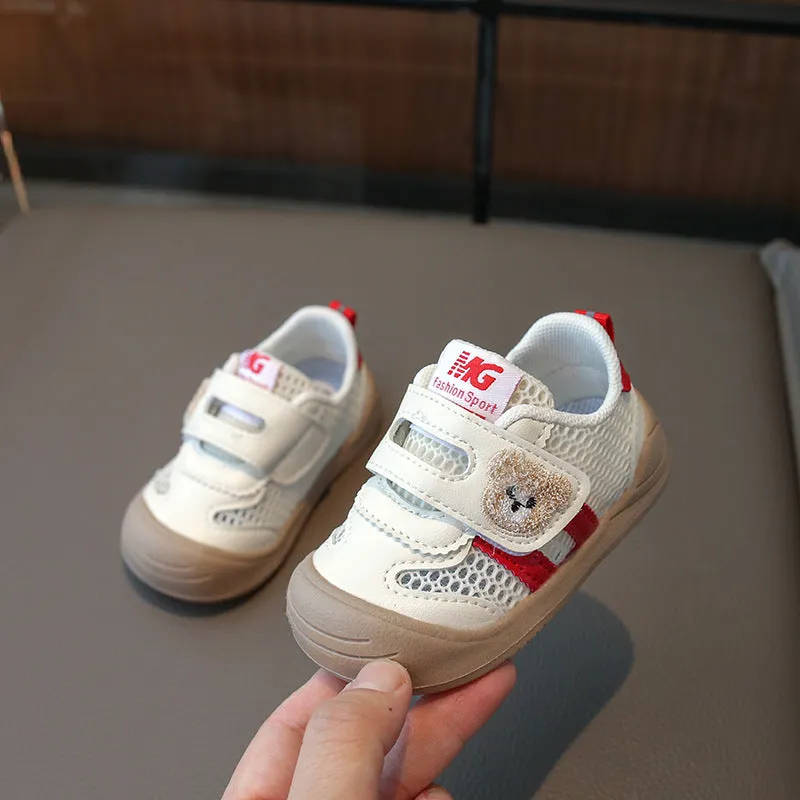 Children's breathable mesh shoes with animal pattern and Velcro fastening, available in black