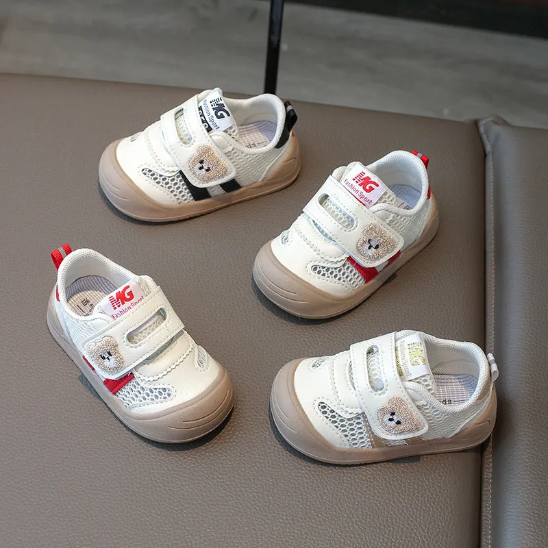 Children's breathable mesh shoes with animal pattern and Velcro fastening, available in black