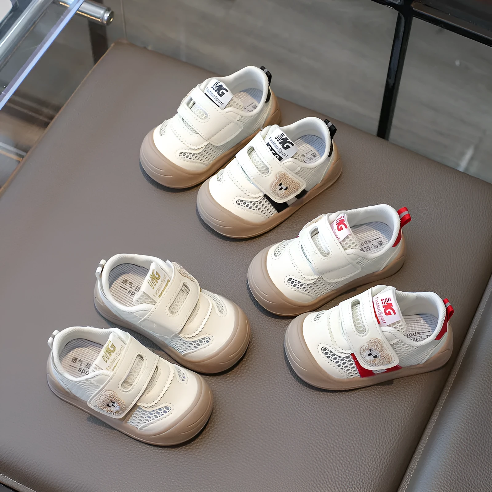 Children's breathable mesh shoes with animal pattern and Velcro fastening, available in black