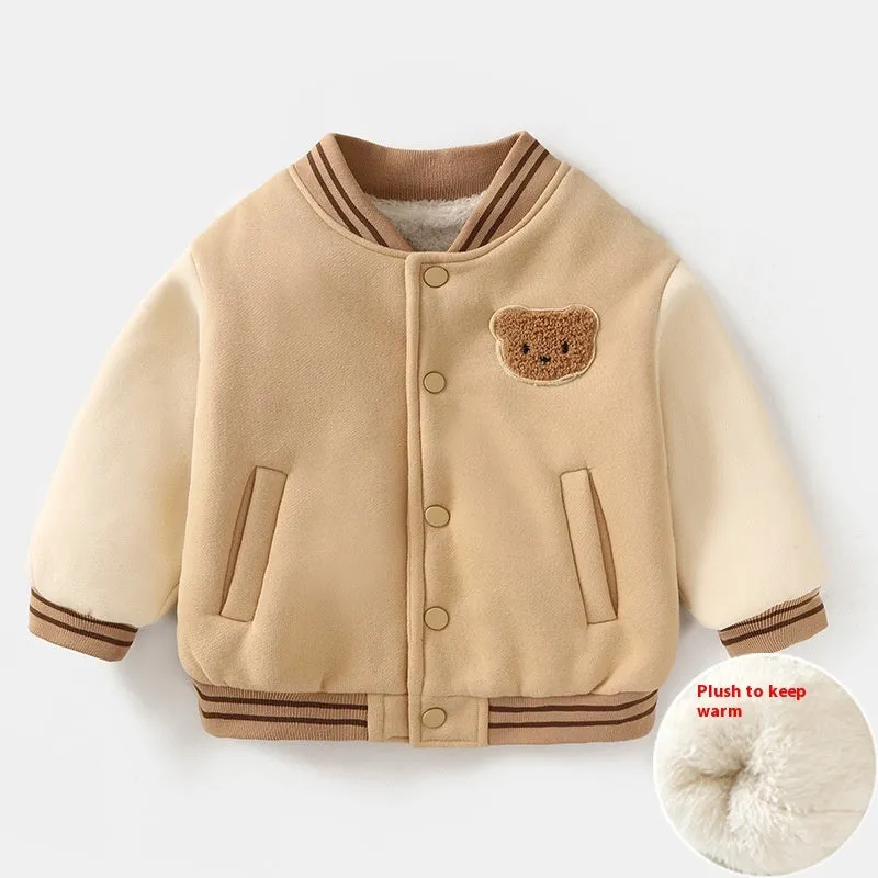 Fleece-lined cotton baseball coat for children, dark coffee colour, front view