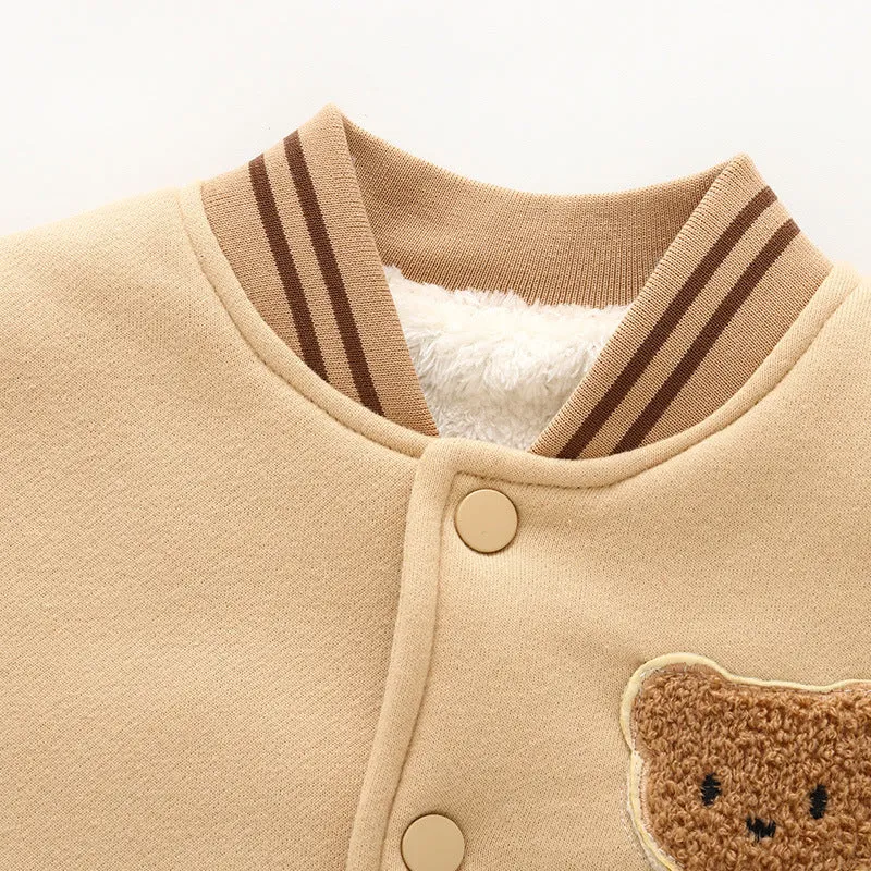 Fleece-lined cotton baseball coat for children, dark coffee colour, front view