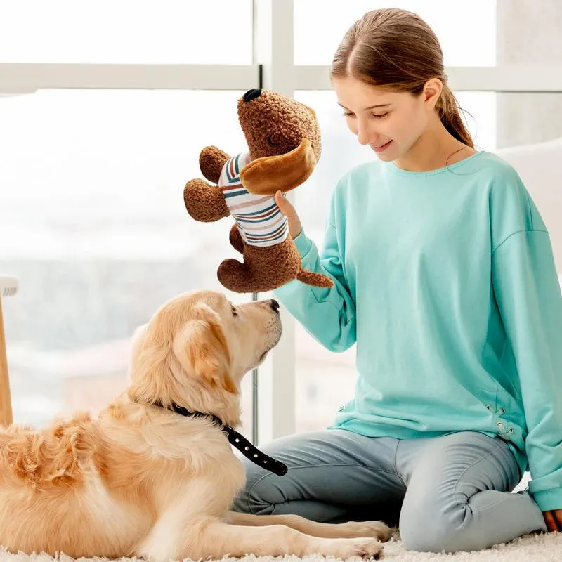 Bite-resistant squeaky dog plush toy in Sausage Dog Brown colour