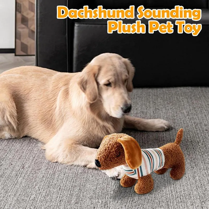 Bite-resistant squeaky dog plush toy in Sausage Dog Brown colour