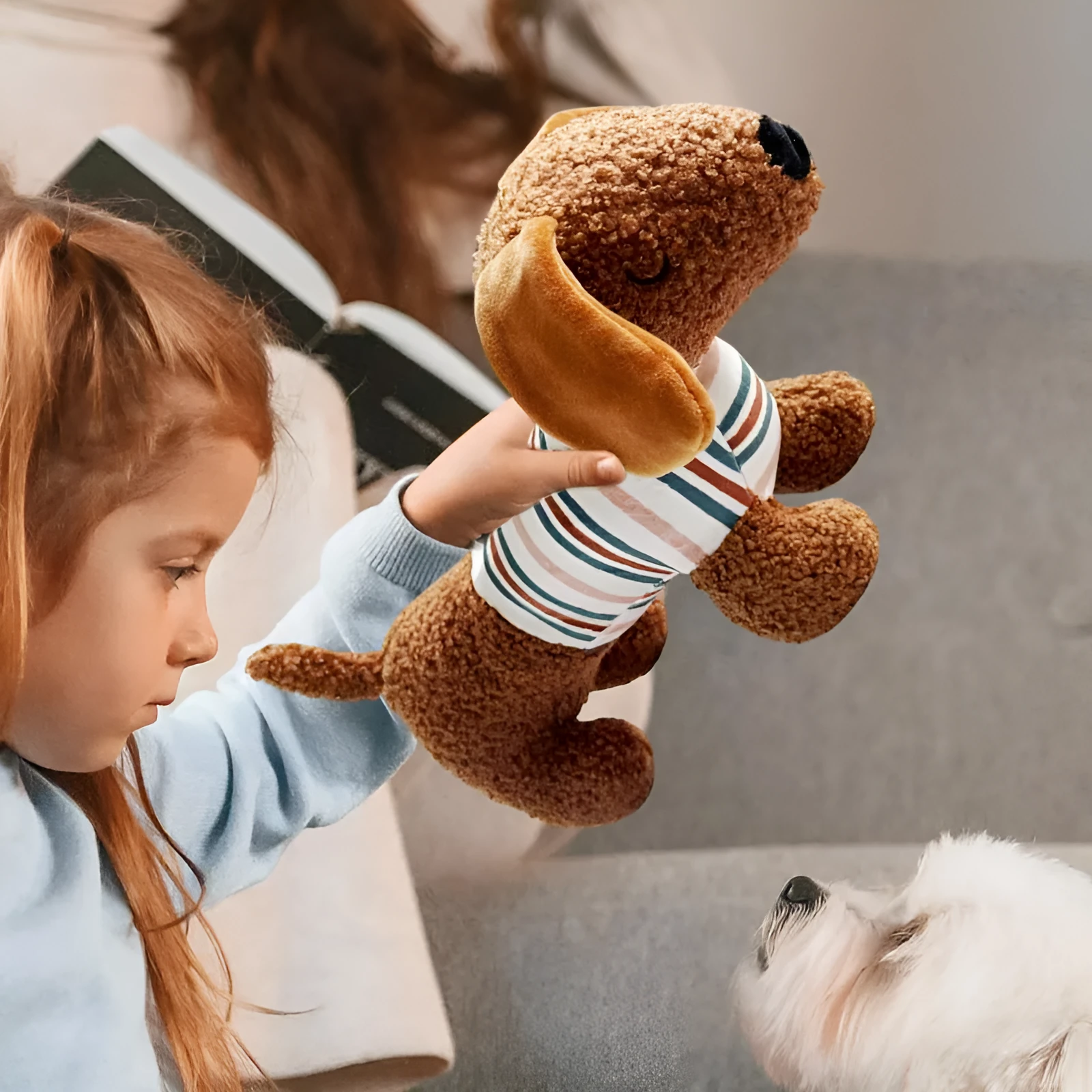 Bite-resistant squeaky dog plush toy in Sausage Dog Brown colour
