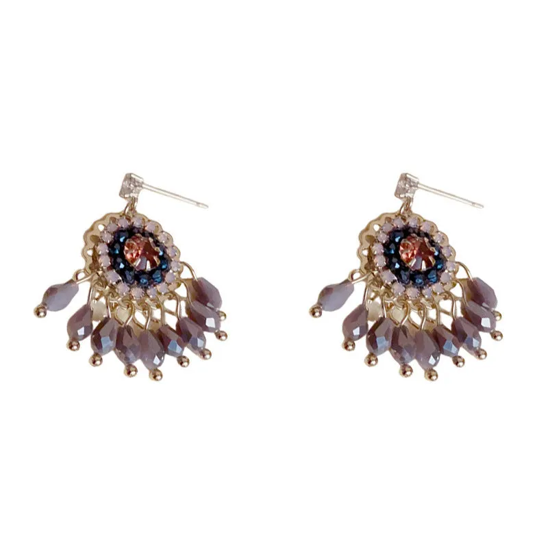 Geometric crystal tassel drop earrings with diamond embedded stones and thick gold plating