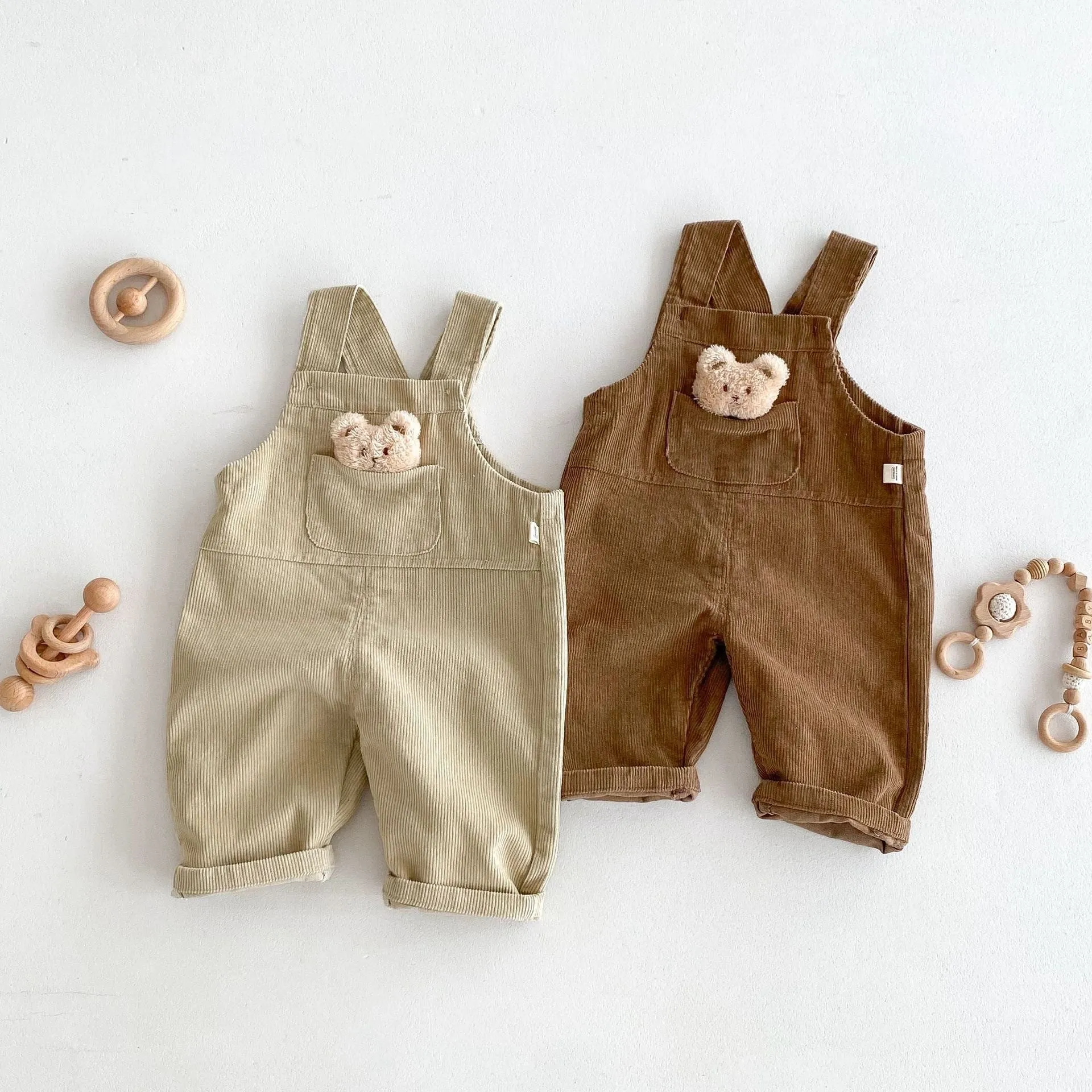 Boys' corduroy cotton bear suspender overalls in apricot solid colour spring autumn wear