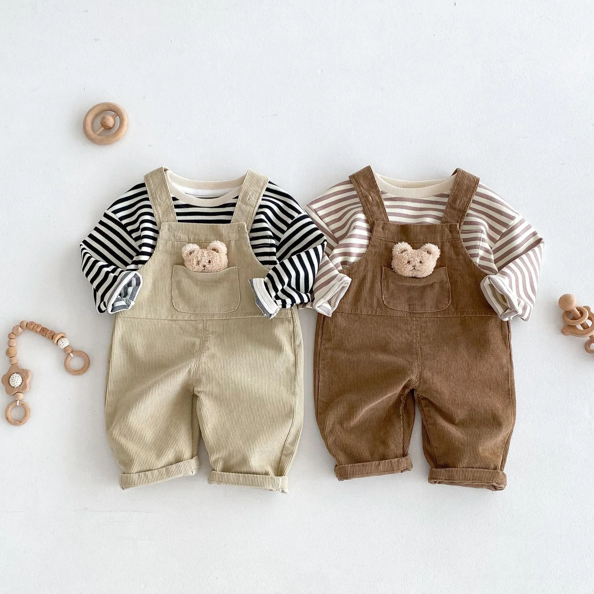 Boys' corduroy cotton bear suspender overalls in apricot solid colour spring autumn wear