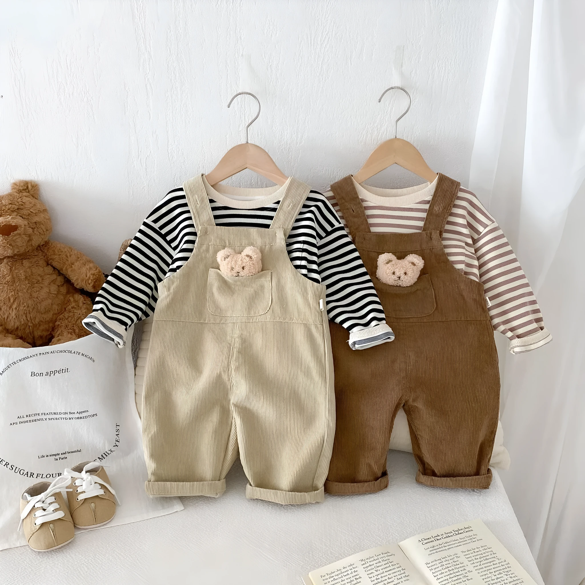Boys' corduroy cotton bear suspender overalls in apricot solid colour spring autumn wear