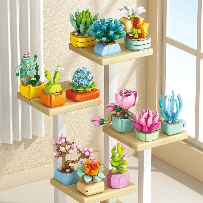 Plastic building blocks flower pot model in a colourful design for teenagers aged 7-14