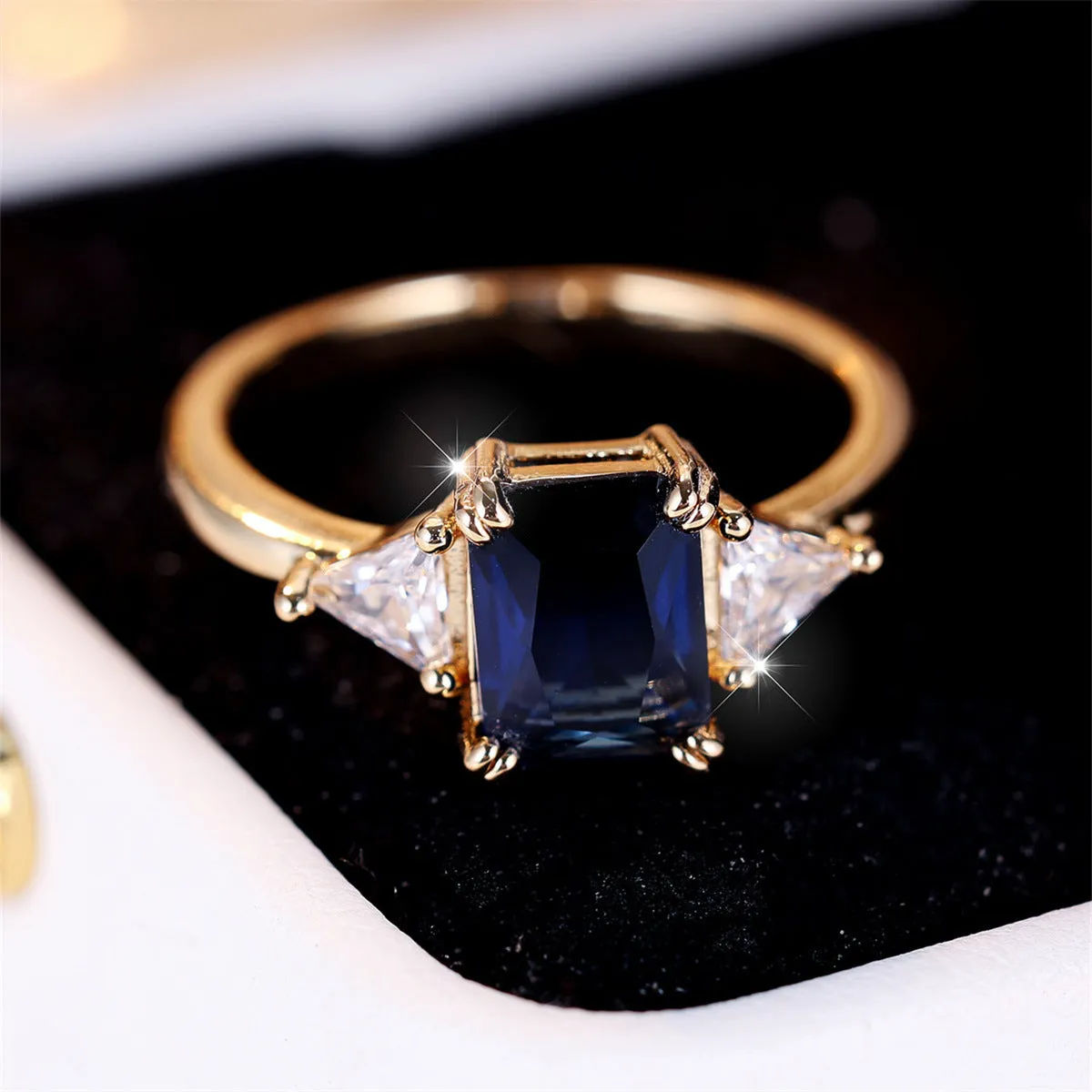 Rectangular gold sapphire blue copper ring for women with geometric design