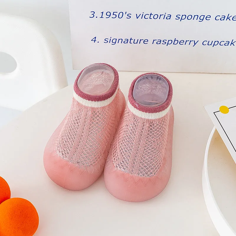 Children's cotton mesh anti-mosquito sock shoes in pink with non-slip sole, short tube style