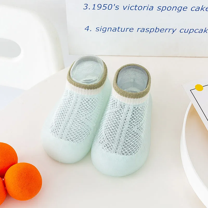 Children's cotton mesh anti-mosquito sock shoes in pink with non-slip sole, short tube style