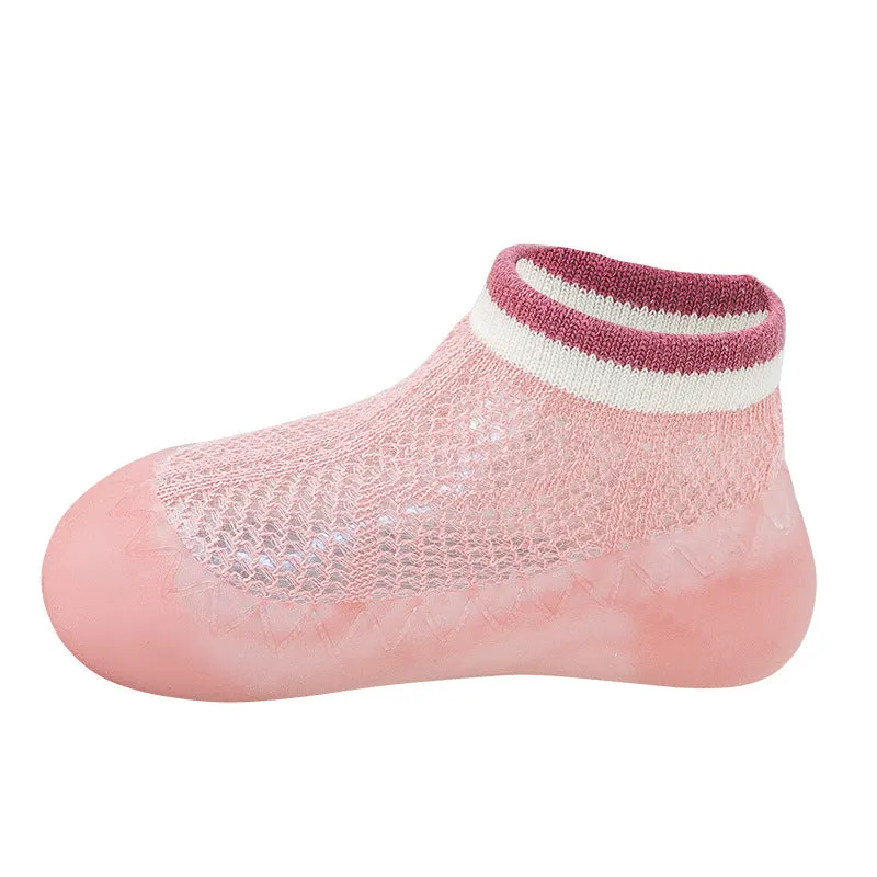 Children's cotton mesh anti-mosquito sock shoes in pink with non-slip sole, short tube style