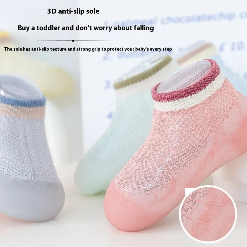 Children's cotton mesh anti-mosquito sock shoes in pink with non-slip sole, short tube style