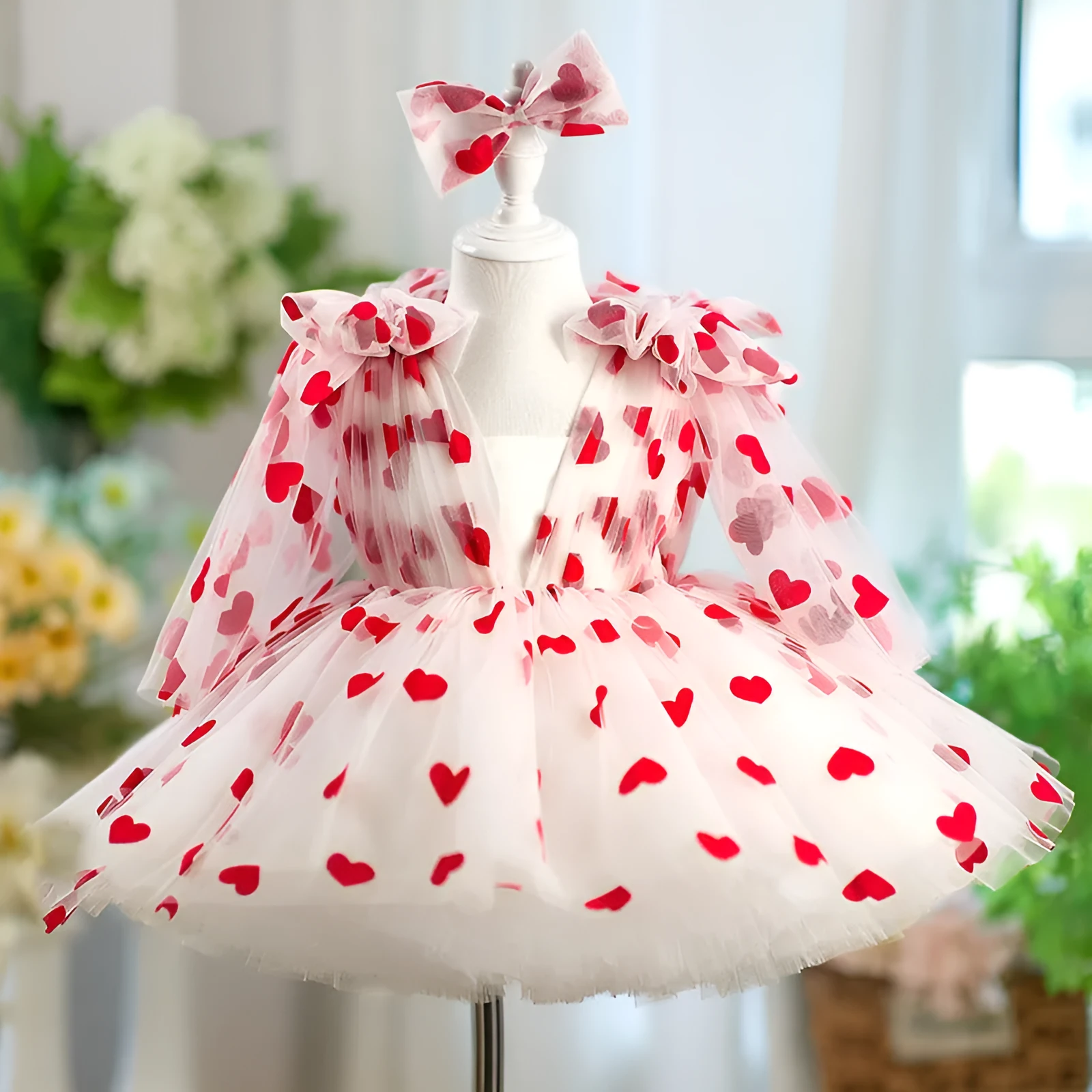 Children red love princess dress gown with heart print on light background, front view