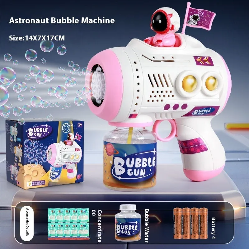 Space astronaut themed blue children's bubble machine with soft lighting and bubble solution bottles