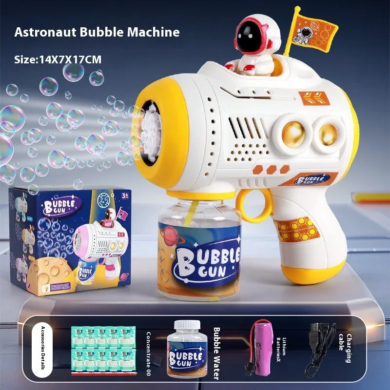 Space astronaut themed blue children's bubble machine with soft lighting and bubble solution bottles