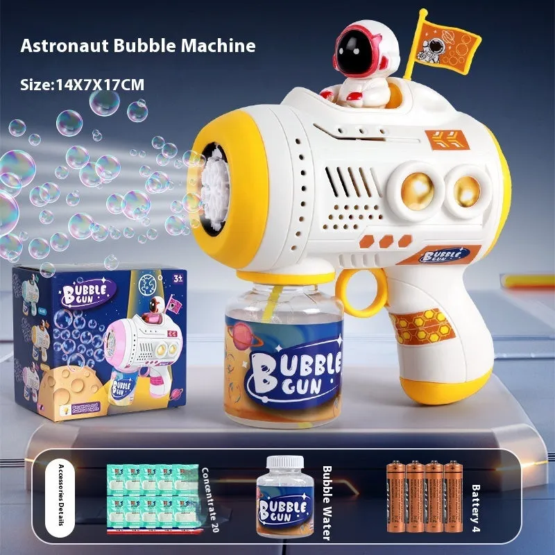 Space astronaut themed blue children's bubble machine with soft lighting and bubble solution bottles