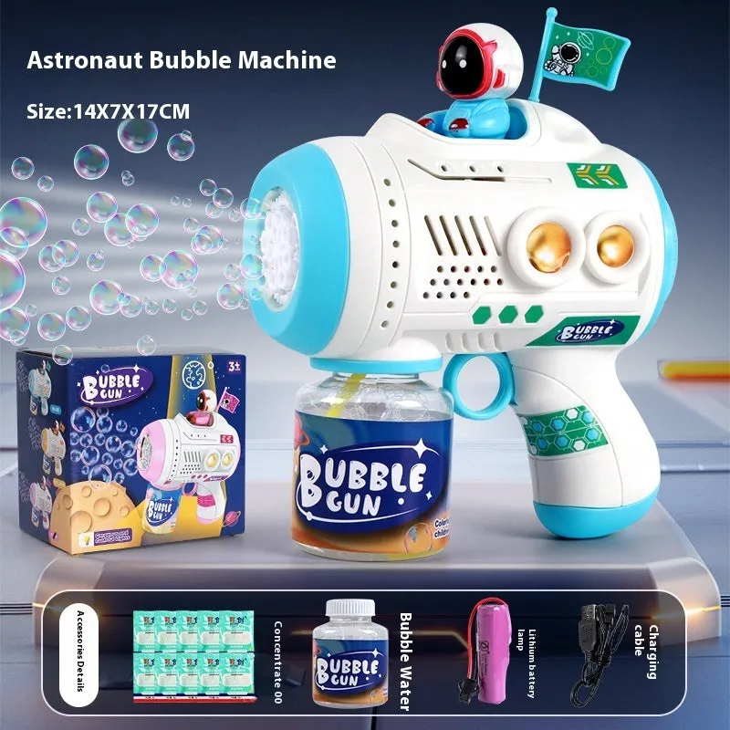 Space astronaut themed blue children's bubble machine with soft lighting and bubble solution bottles