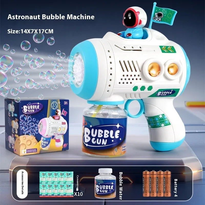 Space astronaut themed blue children's bubble machine with soft lighting and bubble solution bottles