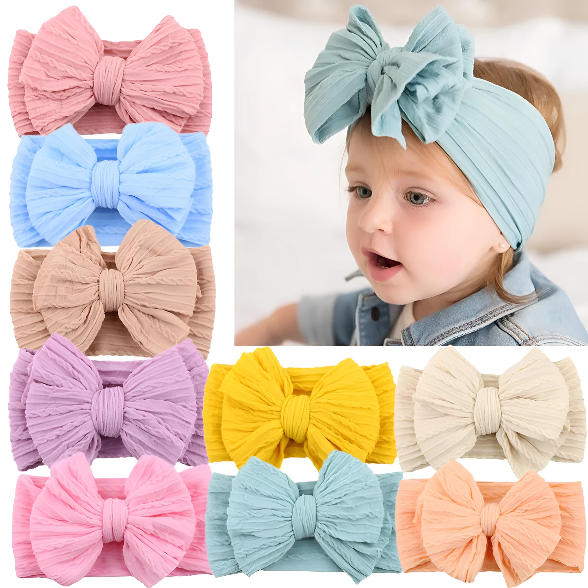 Handmade stretchy nylon baby headband with bow on newborn girl