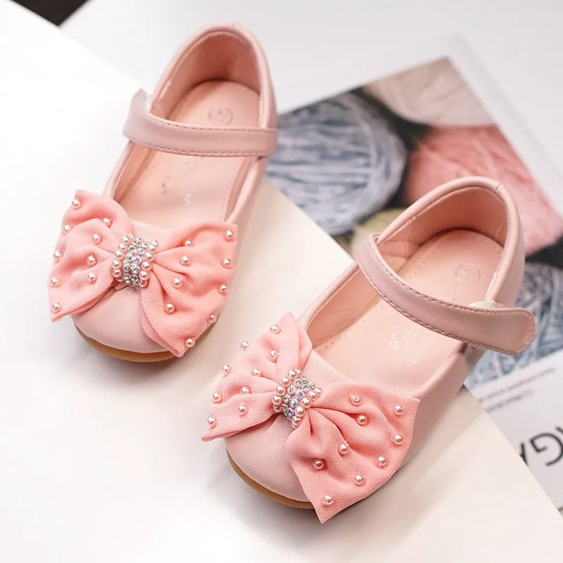 Princess bow girls' banquet dress shoes in pink with PU leather upper and Velcro fastening