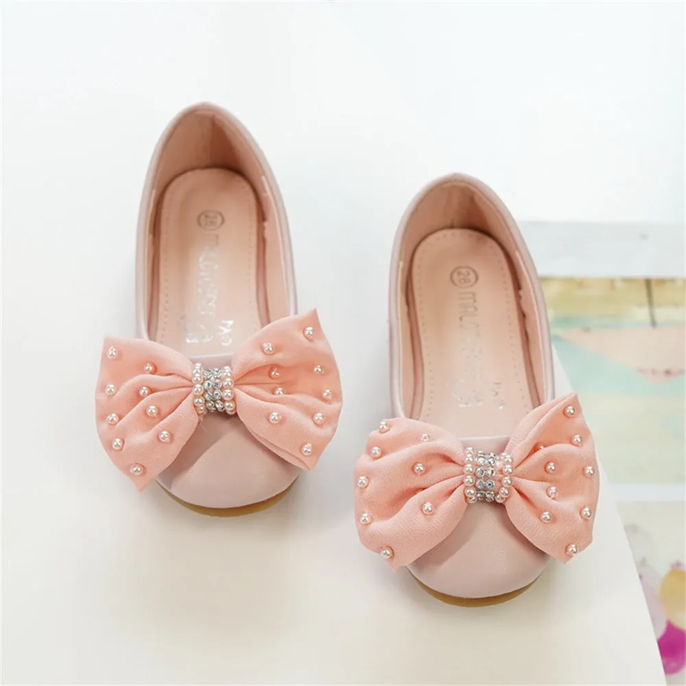 Princess bow girls' banquet dress shoes in pink with PU leather upper and Velcro fastening