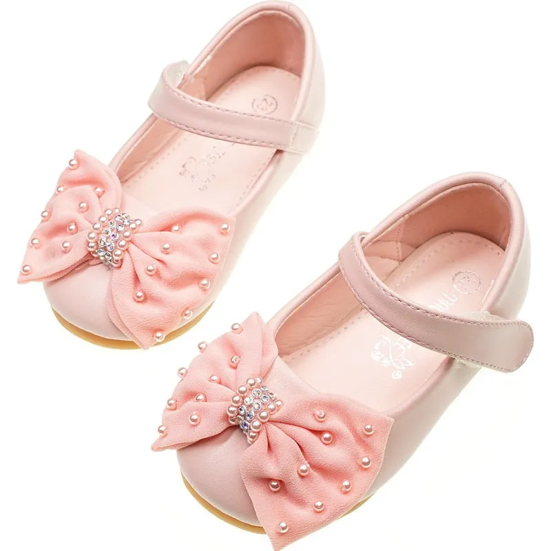 Princess bow girls' banquet dress shoes in pink with PU leather upper and Velcro fastening