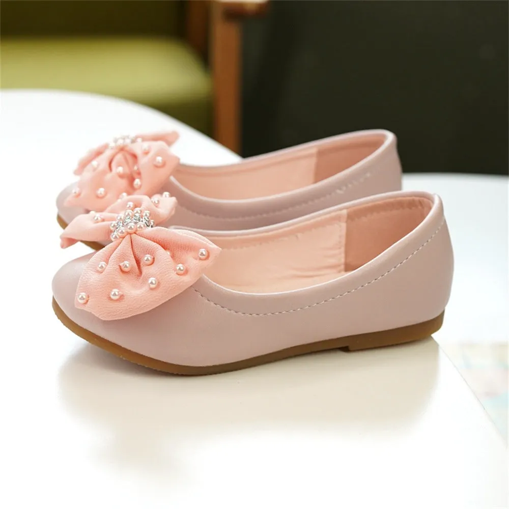 Princess bow girls' banquet dress shoes in pink with PU leather upper and Velcro fastening