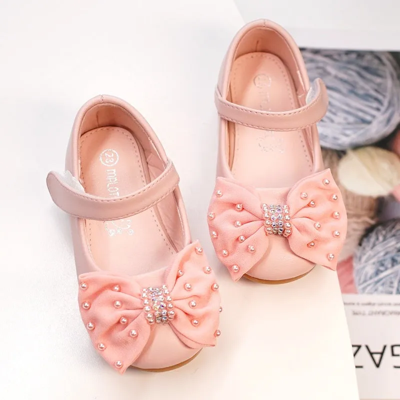 Princess bow girls' banquet dress shoes in pink with PU leather upper and Velcro fastening