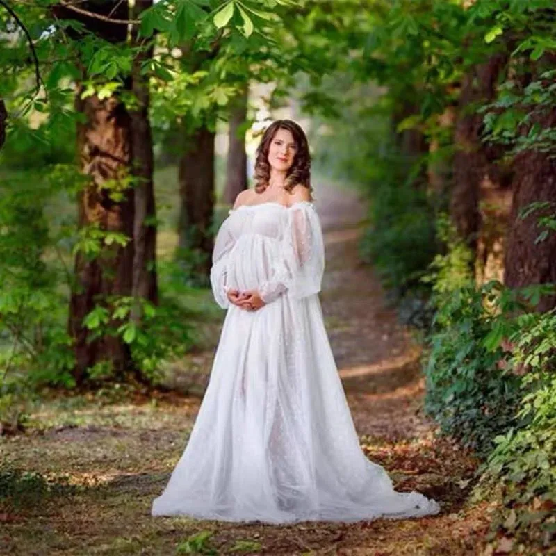 White dot mesh off-shoulder puff sleeve maternity dress with long skirt