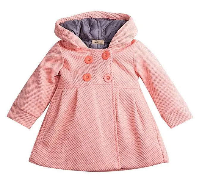Girls fashion hooded jacket double breasted solid colour polyester coat pink suitable height 80cm 90cm 100cm