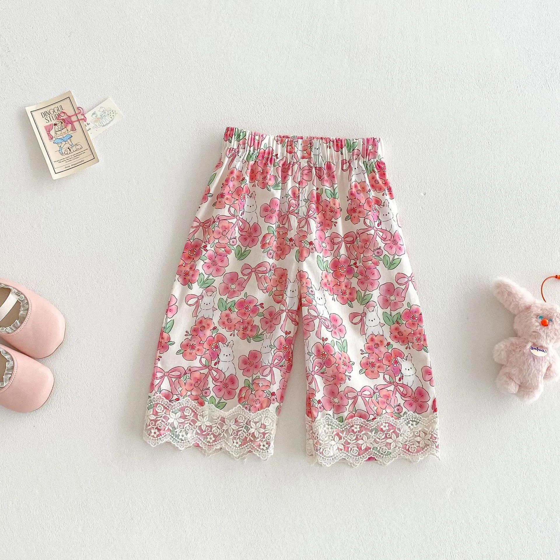 Girls summer lace collar cotton short sleeve shirt and lace straight-leg pants set in almond colour