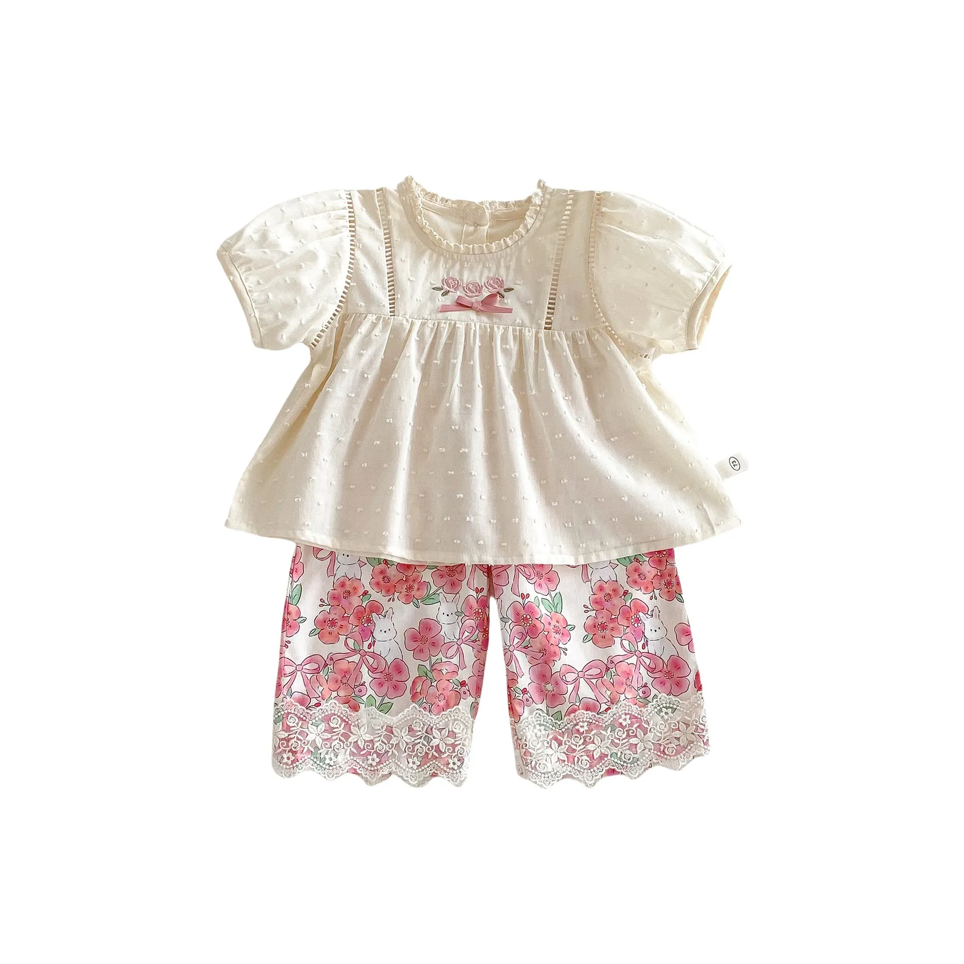 Girls summer lace collar cotton short sleeve shirt and lace straight-leg pants set in almond colour