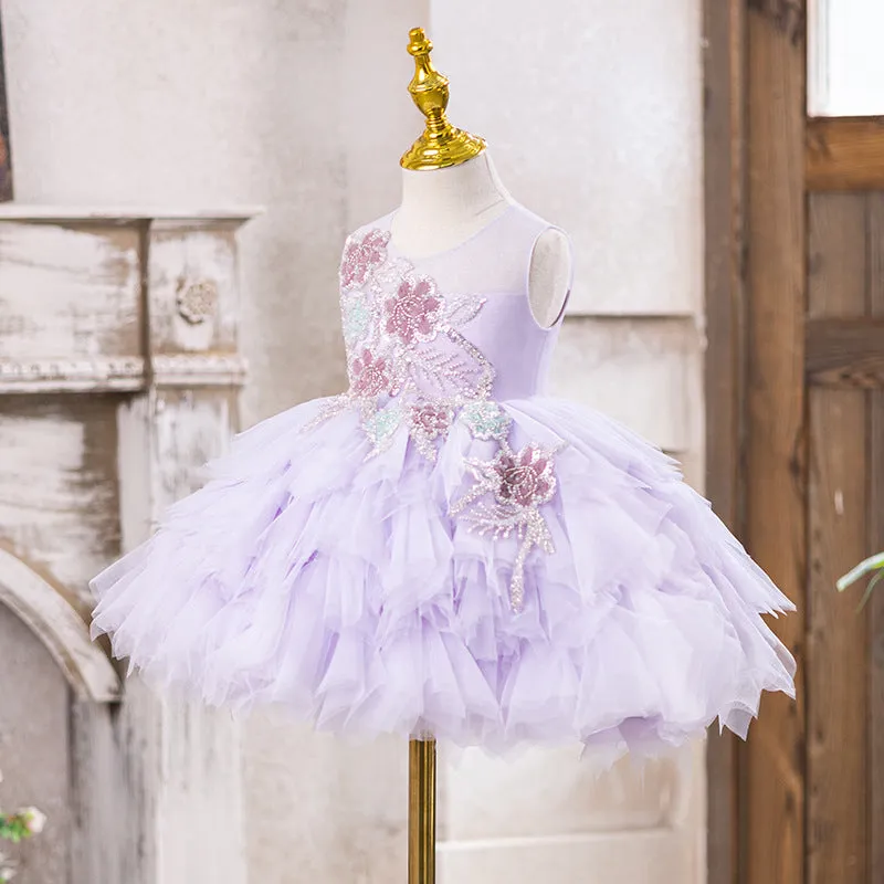 Purple children's princess flower girl dress with rabbit fur fabric, available sizes 80cm to 160cm