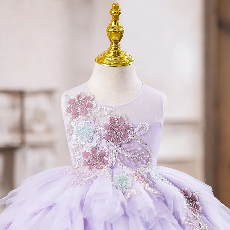 Purple children's princess flower girl dress with rabbit fur fabric, available sizes 80cm to 160cm