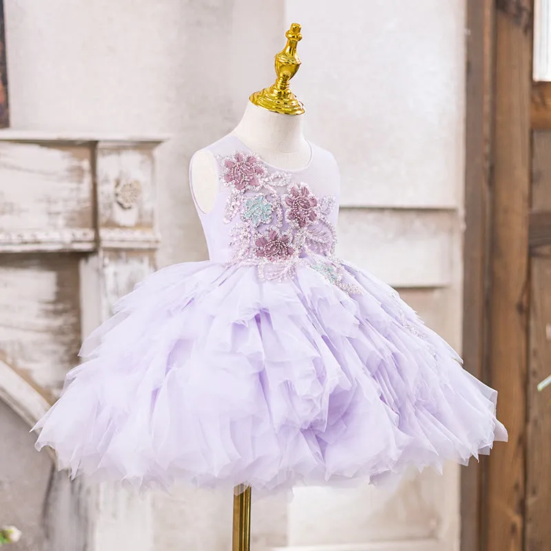 Purple children's princess flower girl dress with rabbit fur fabric, available sizes 80cm to 160cm