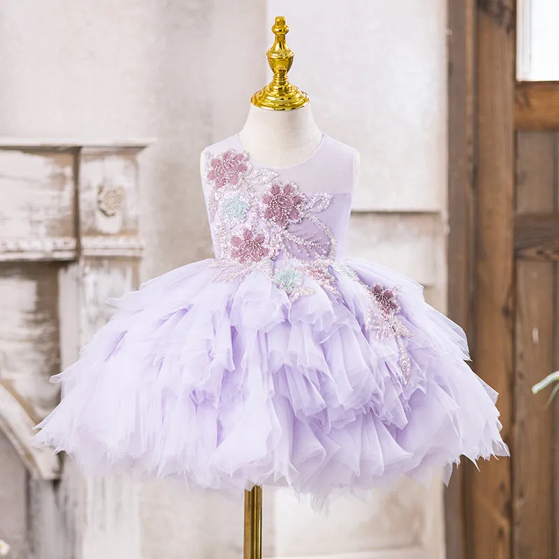 Purple children's princess flower girl dress with rabbit fur fabric, available sizes 80cm to 160cm