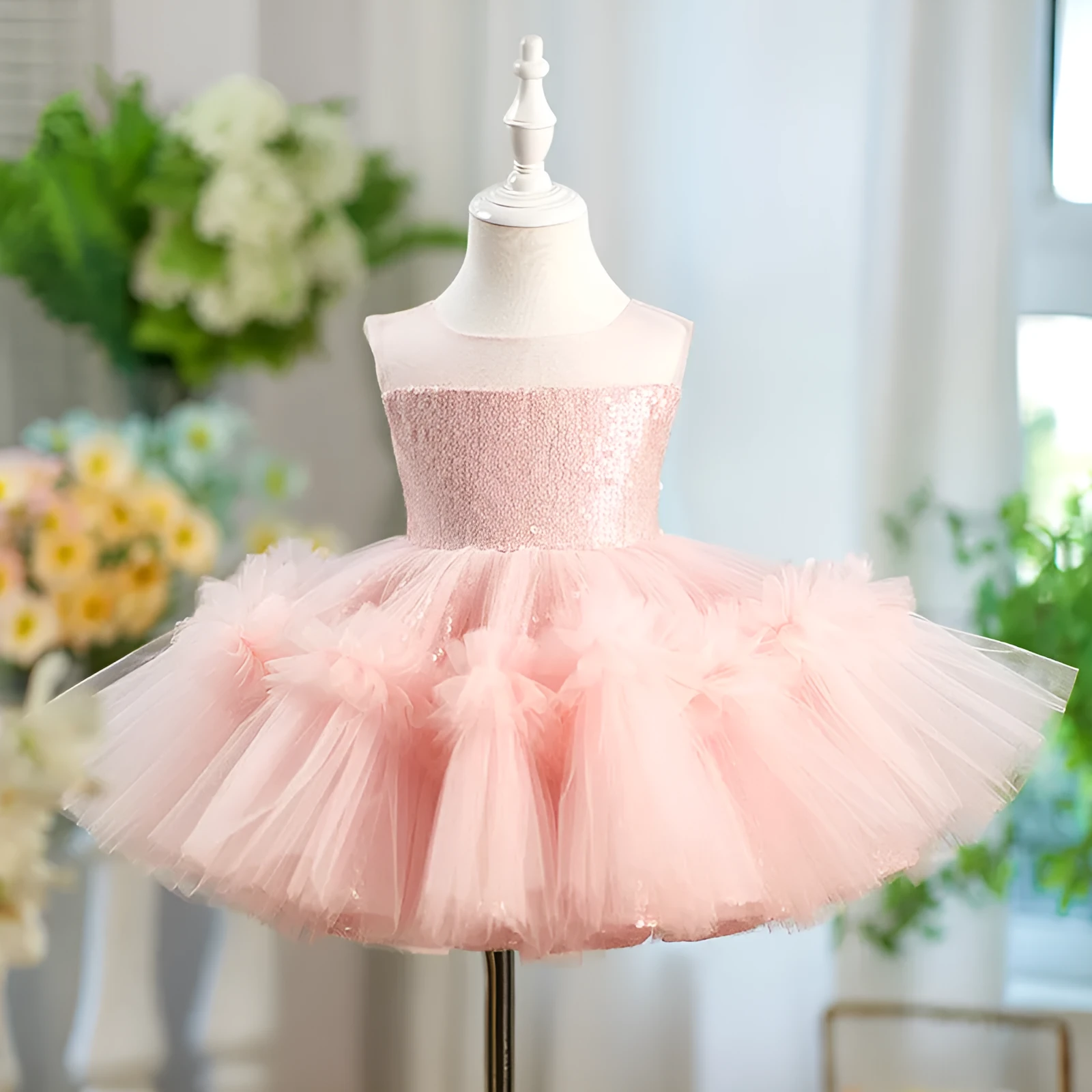 Children's sequined sleeveless pink princess dress on a girl, suitable for heights 80-160cm, polyester fabric