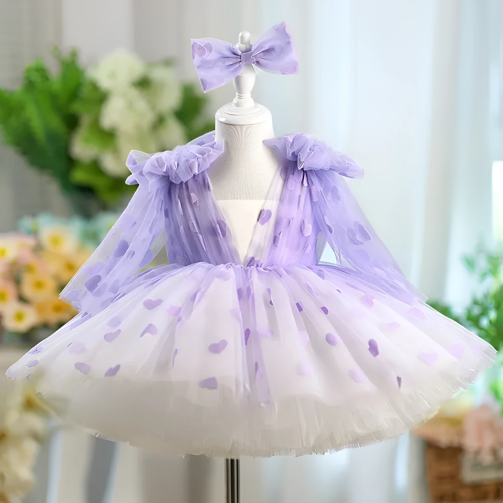 Purple gauzy tutu princess dress with bow detail for girls height 80-160cm