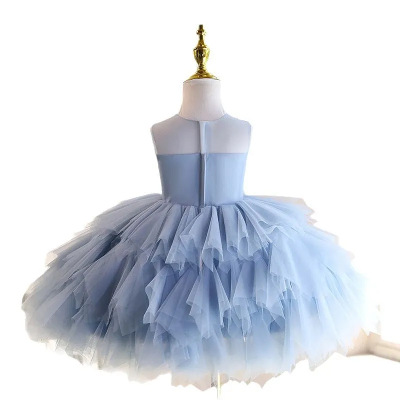 Blue tulle tutu princess dress for children, polyester fabric, birthday party wear, sizes 80cm-150cm
