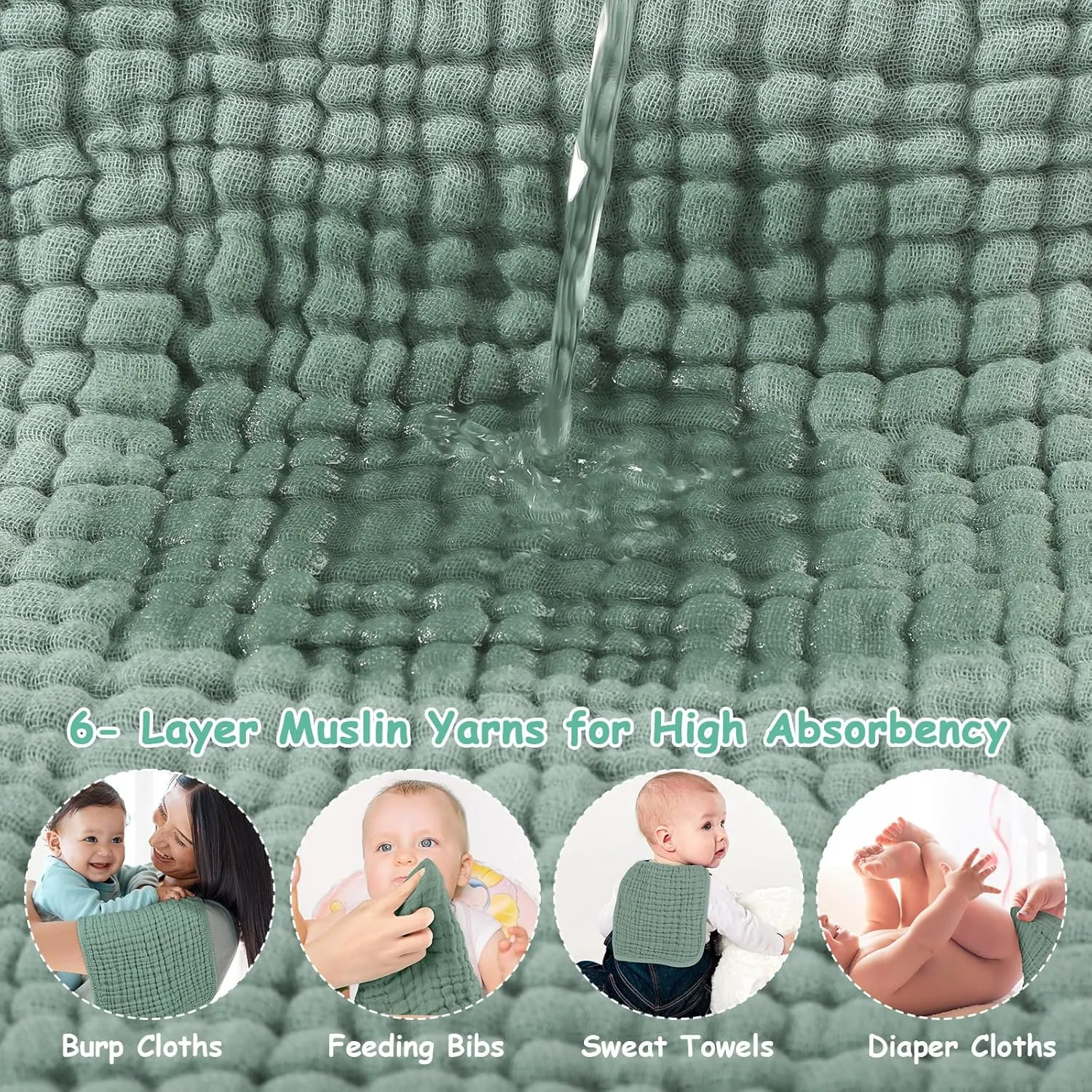 Set of six large muslin burp cloths 25x50cm in assorted colours on white background