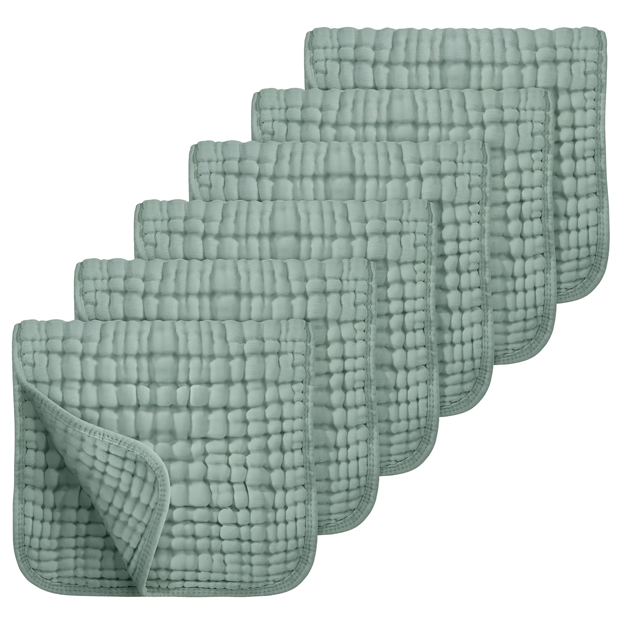 Set of six large muslin burp cloths 25x50cm in assorted colours on white background